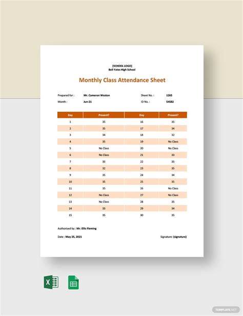 Monthly Class Attendance Sheet Template in Google Sheets, MS Excel, MS Word, GDocsLink - Download