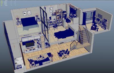 50平复式公寓户型设计Maya模型,MB,FBX,OBJ等多种格式(网盘下载)_整体效果模型下载-摩尔网CGMOL