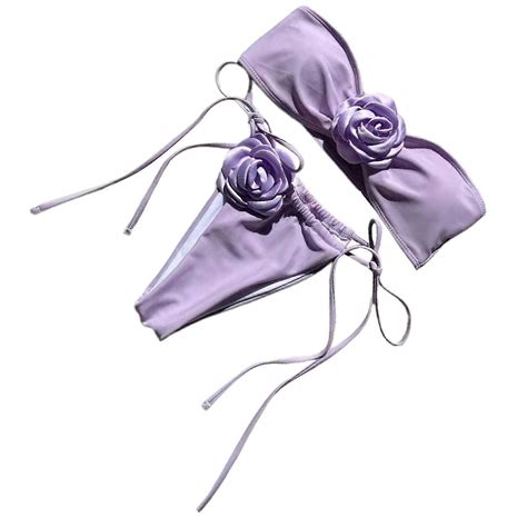 Women Bandeau Bathing Suit Set Swimwears 3D Flower Swimsuit Ladies ...