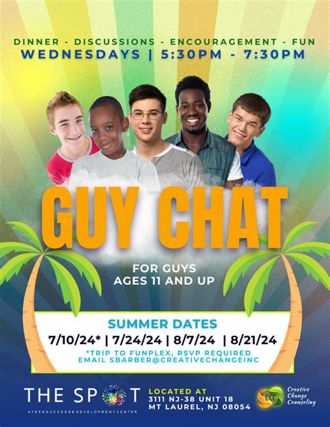 Join us for guy chat tomorrow night at 5:30 at The Spot, 3111 Rt. 38 ...