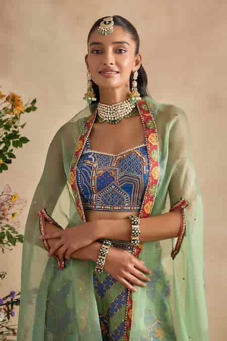 Buy Blue Viscose, Silk, Organza Embroidery, Urvi Printed Blouse And ...
