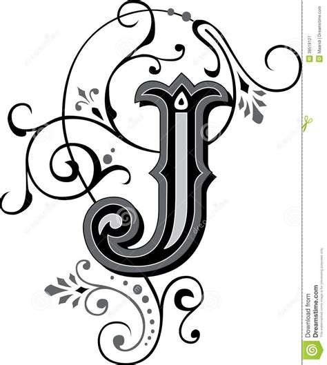 Illustration about Beautiful ornate English alphabets, Letter J, Grayscale. Illustration of ... - Fancy J Font