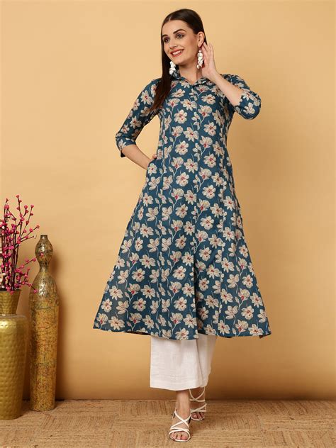 Blue Rayon Calf Length Floral A-Line Shirt Coller Kurta – Gulmohar Jaipur