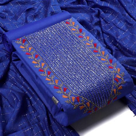 Royal Blue Festive Wear Embroidered Cotton Dress Material