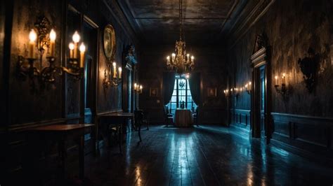 A dimly lit hallway inside a haunted house with spooky portraits on the ...