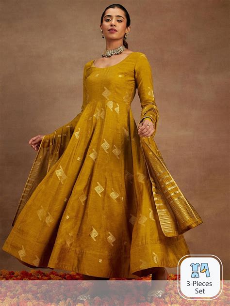 Libas Mustard Yellow Woven Design Chanderi Silk Kurta with Palazzos ...