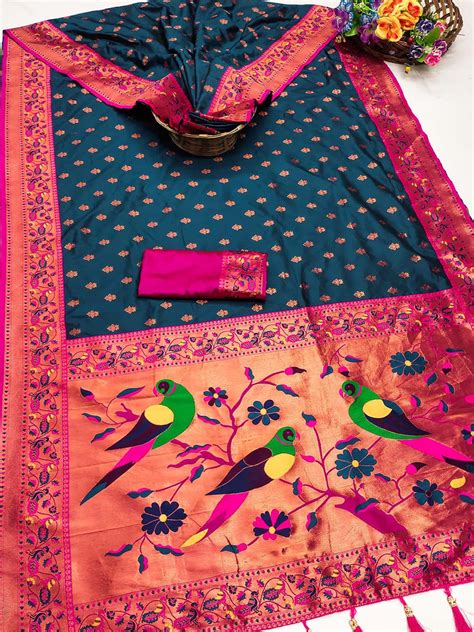 Pleasant Teal Blue Paithani Silk Saree With Radiant Blouse Piece ...