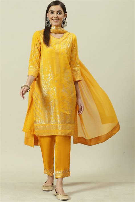 Buy Yellow Printed Straight Kurta Slim Pant Suit Set Online at Biba India