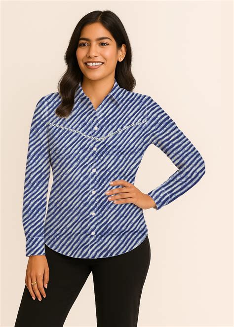 Blue Leheriya Cotton Shirt For Women's | Front Yoke Lace - Urban Soch™