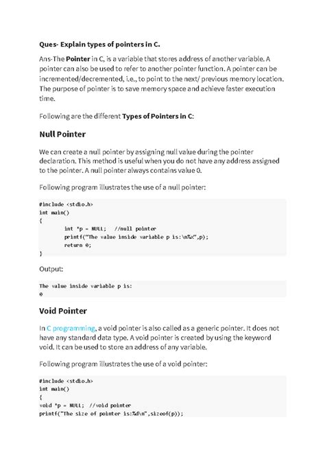 Prog language assignment - Ques- Explain types of pointers in C. Ans ...