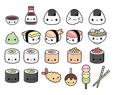 Sushi Kawaii Clipart Bundle Cute Sushi Clip Art Onigiri Nigiri Maki ...
