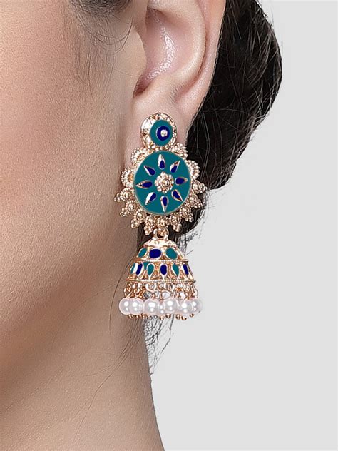 KARATCART Rose Gold Plated Enamel Jhumki Blue Earrings for Women