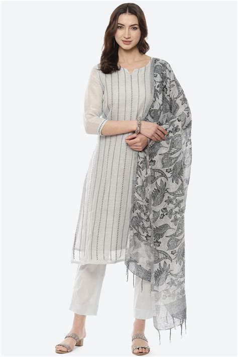 Light Blue Linen Woven Unstitched Suit Set at Biba India