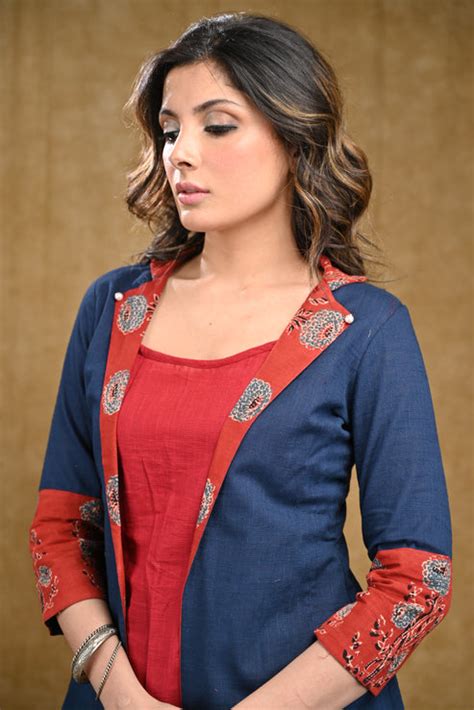 Elegant Blue Cotton Jacket with Ajrakh Collar and Plain Inner – Sujatra