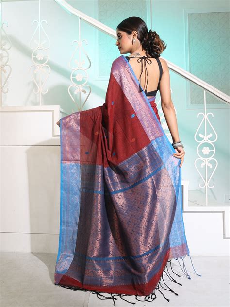 Dark Red Cotton Handspun Handwoven Saree With Woven Zari Floral Motifs ...