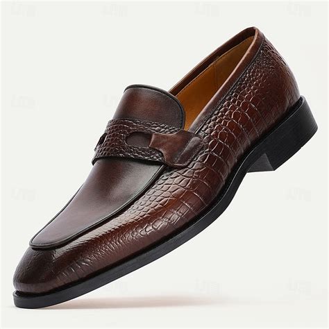 Men's Brown Genuine Leather Penny Loafers – Classic Crocodile Pattern ...