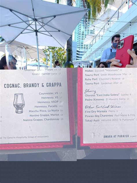 Menu at Amara at Paraiso pub & bar, Miami