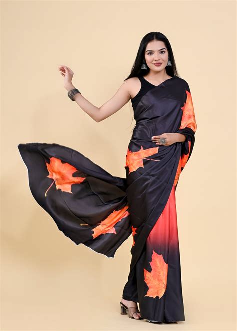 Black & Orange Floral Digital Printed Heavy Satin Silk S