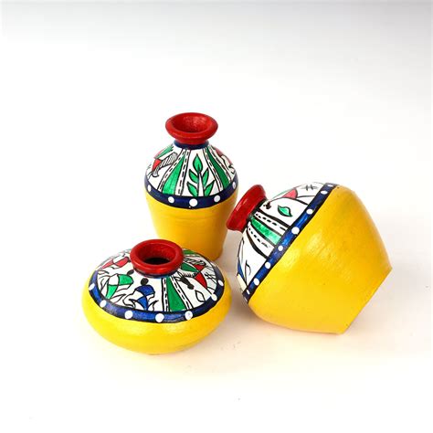 Handcrafted Yellow Terracotta Pots for Home Decor - Set of 3 - Warli H ...
