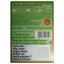 Buy ENO 3In1 Real Jeera,Ajwain,Kala Namak Sachet, 150 gm (27+3X5 gm ...