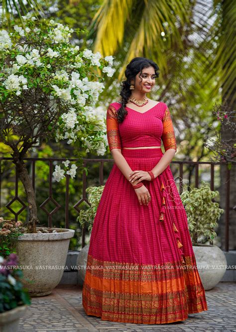 Hot Pink checks Half Saree with pen kalamkari dupatta – Vastrasuka