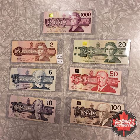 Bird Series Bills: 1986 $2; 1986 $5; 1989 $10; 1991 $20 (2); 1988 $50 ...