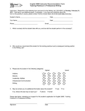Fillable Online English 390B Instructor Recommendation Form... Fax ...