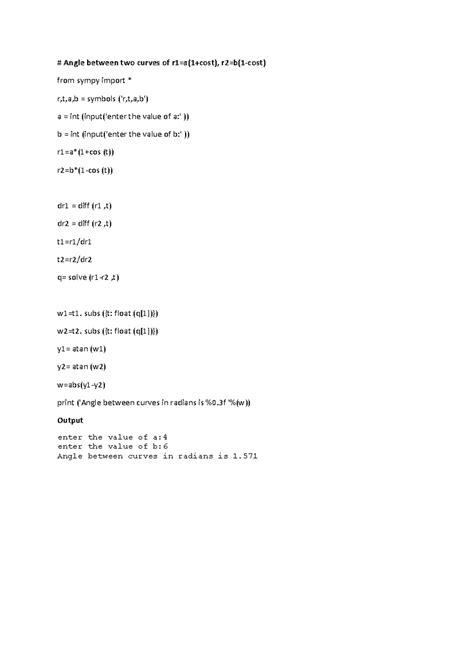 Lab-02 - Angle between two curves of r1=a(1+cost), r2=b(1-cost) from ...
