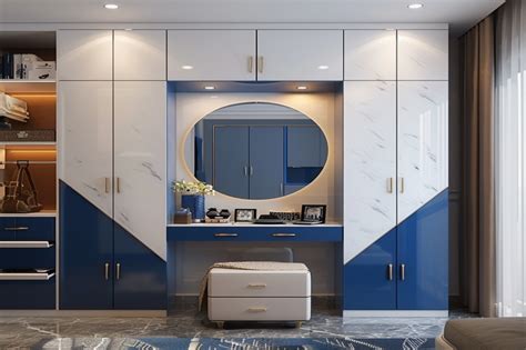 Contemporary 2-Door Blue And White Swing Wardrobe Design With Dressing ...