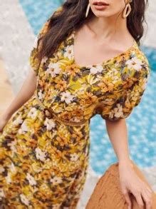 Floral Print V-neck Batwing Sleeve Ruffle Hem Belted Dress | SHEIN USA