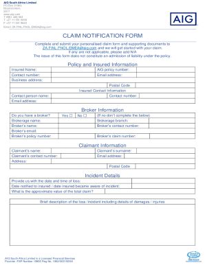 Fillable Online CLAIM NOTIFICATION FORM - AIG South Africa Fax Email ...