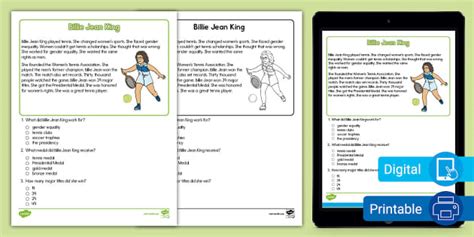 Kindergarten Billie Jean King Reading Passage Comprehension