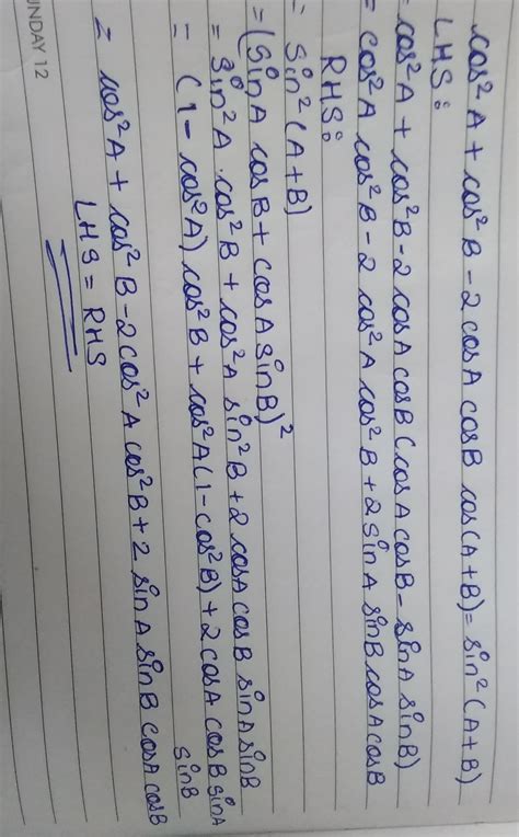 show that cos²a + cos² (a+ b) - 2cos a cos b cos (a+ b) = sin²b ...