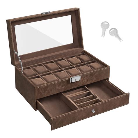 SONGMICS 12-Slot Watch Box, Lockable Watch Case with Glass Lid, 2 ...
