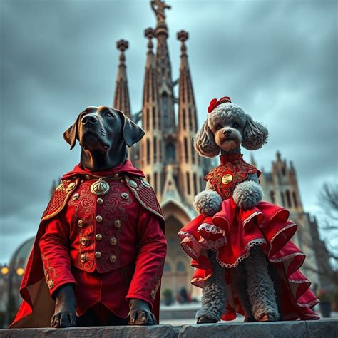 A male Labrador Retriever dog and a female Standard Poodle dog, wearing ...