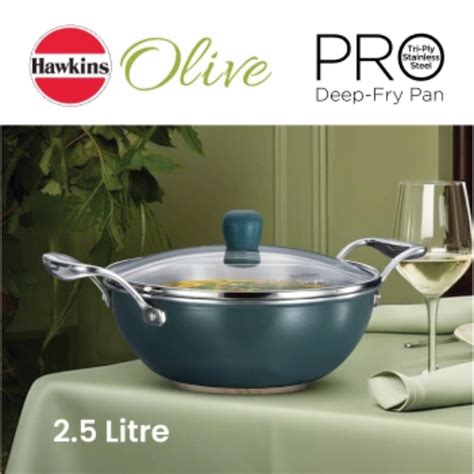 Hawkins Induction Compatible Olive PRO Deep-Fry Pan 2.5 Litre with Gla ...