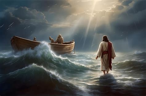 Jesus walks on water across the sea and calms the sea in a storm ...