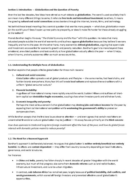 Globalization and Poverty: Analyzing Bardhan's Insights (ECO 101) - Studocu