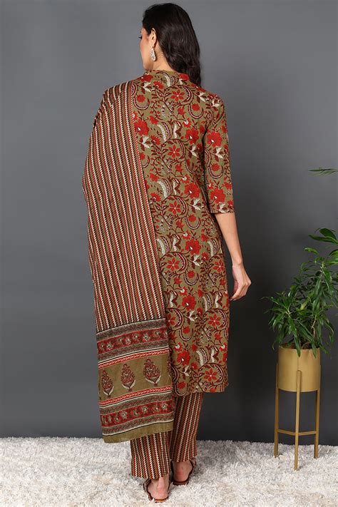 Brown Pure Cotton Ethnic Motifs Printed Angharkha Style Suit Set VKSKD ...