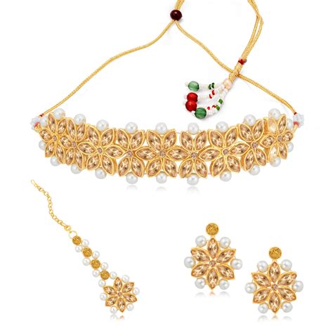 Sukkhi Stylish Gold Plated LCT & Pearl Choker Necklace Set for Women ...