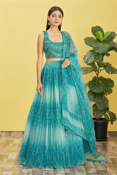 Teal Blue Mirror Work Lehenga Set with Printed Dupatta – Manvansh Trends