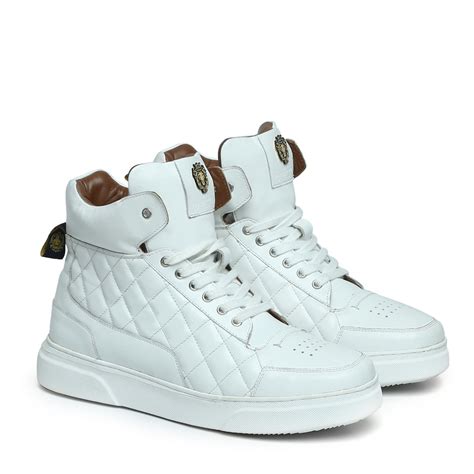 Mid-Top White Leather Sneaker with Diamond Stitch Pattern by Brune & B