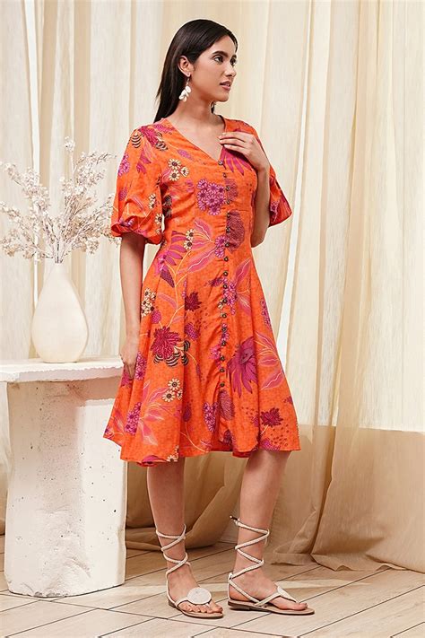 Orange Floral Printed Flared Dress at Biba India