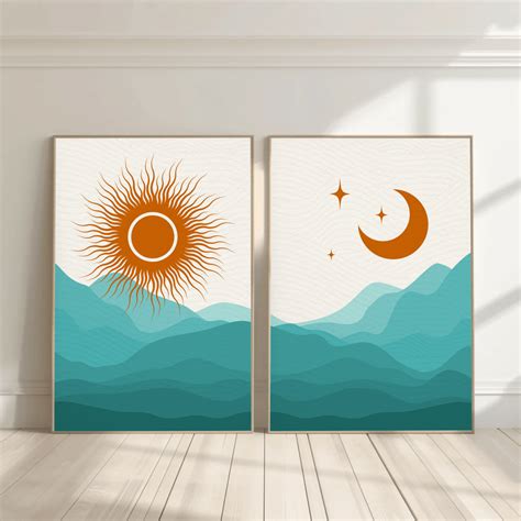 Beaming Sun and Moon Rise Landscape Wall Art- Set of 2 – Uber Decor