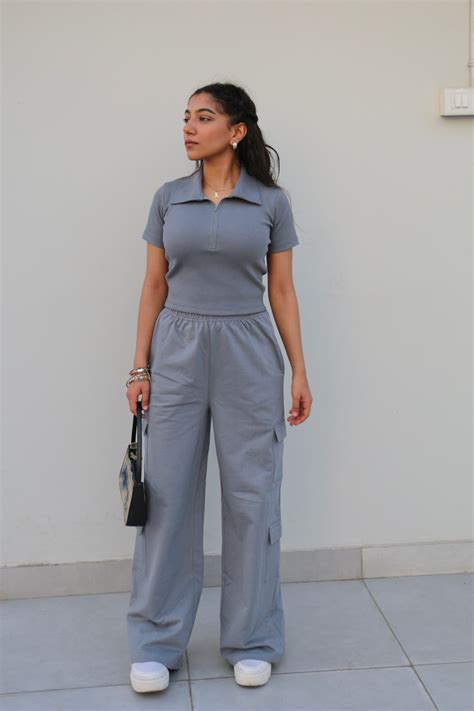 Grey Half Sleeves French Terry Cargo Co-ord – Obleka.in