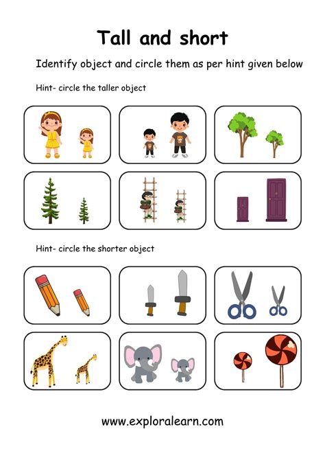 Tall and Short Comparison Worksheets for Preschool and Kindergarten 2 to 6 years Kids