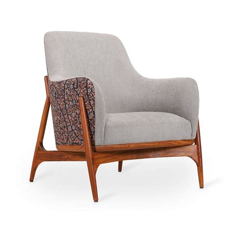 Syva - Teak Lounge Chair Grey, Brown Printed Fabric | Alankaram