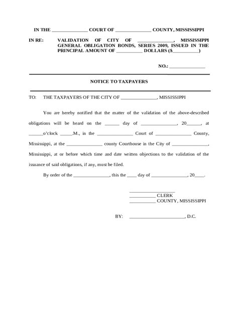 Mississippi General Obligation Bond Validation Notice - Blank Fillable ...