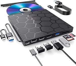 ELECTRO WOLF External CD/DVD Drive, 8 in 1 USB 3.0 Ultra-Slim Portable ...