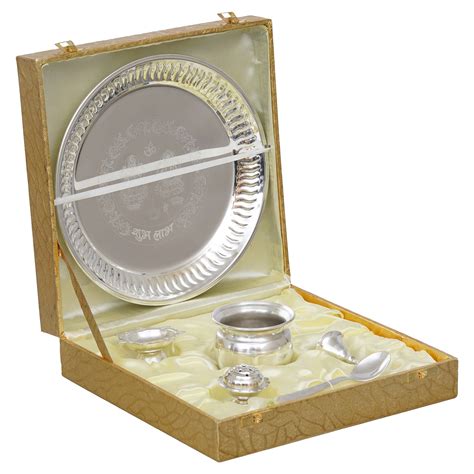 eCraftIndia Silver Pooja Thali Set With Diya, Ghanti, Kalash, Spoon, A